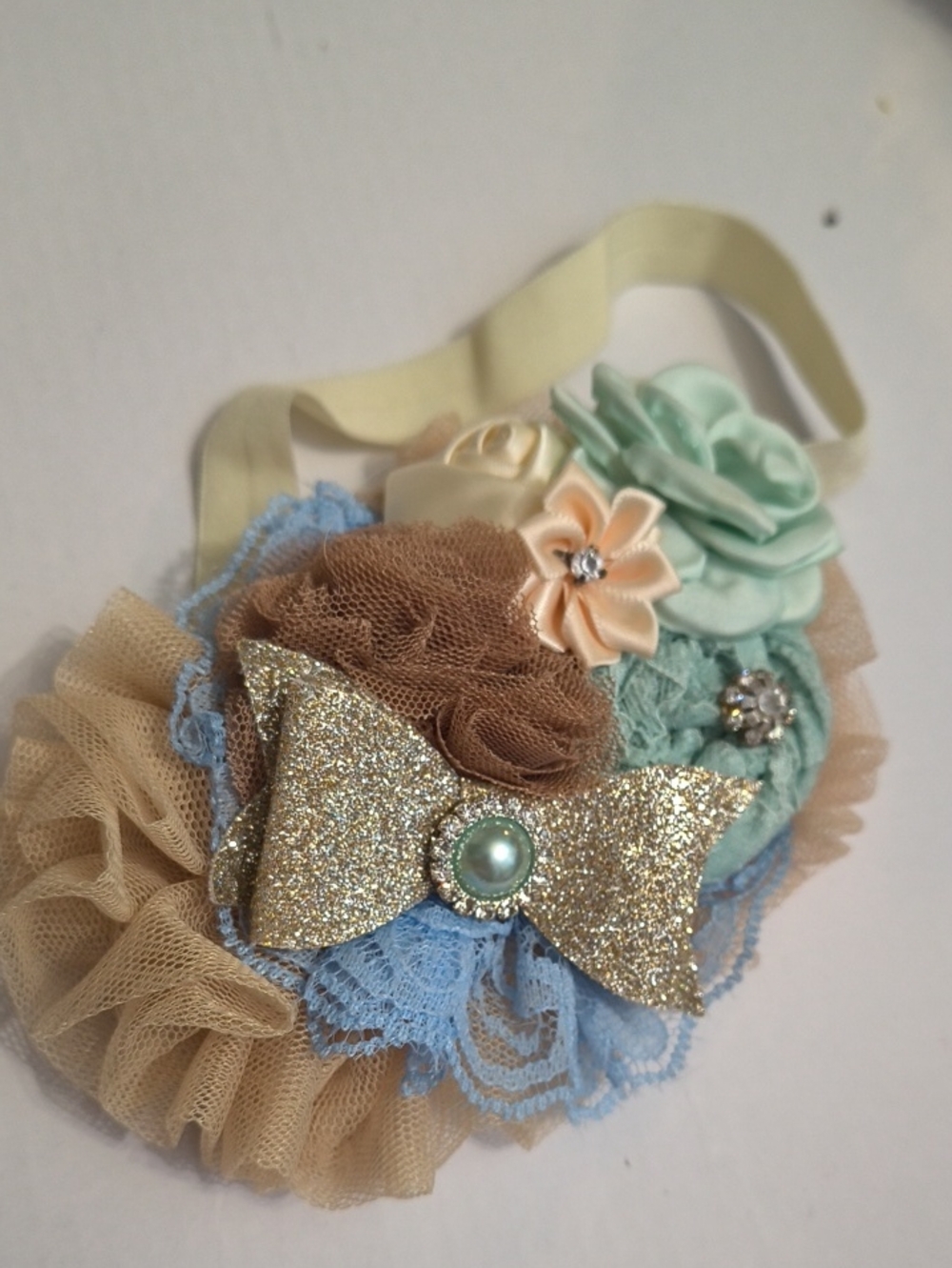 Girls Beige Blue Mint Floral Headband with Gold Glitter Bow
